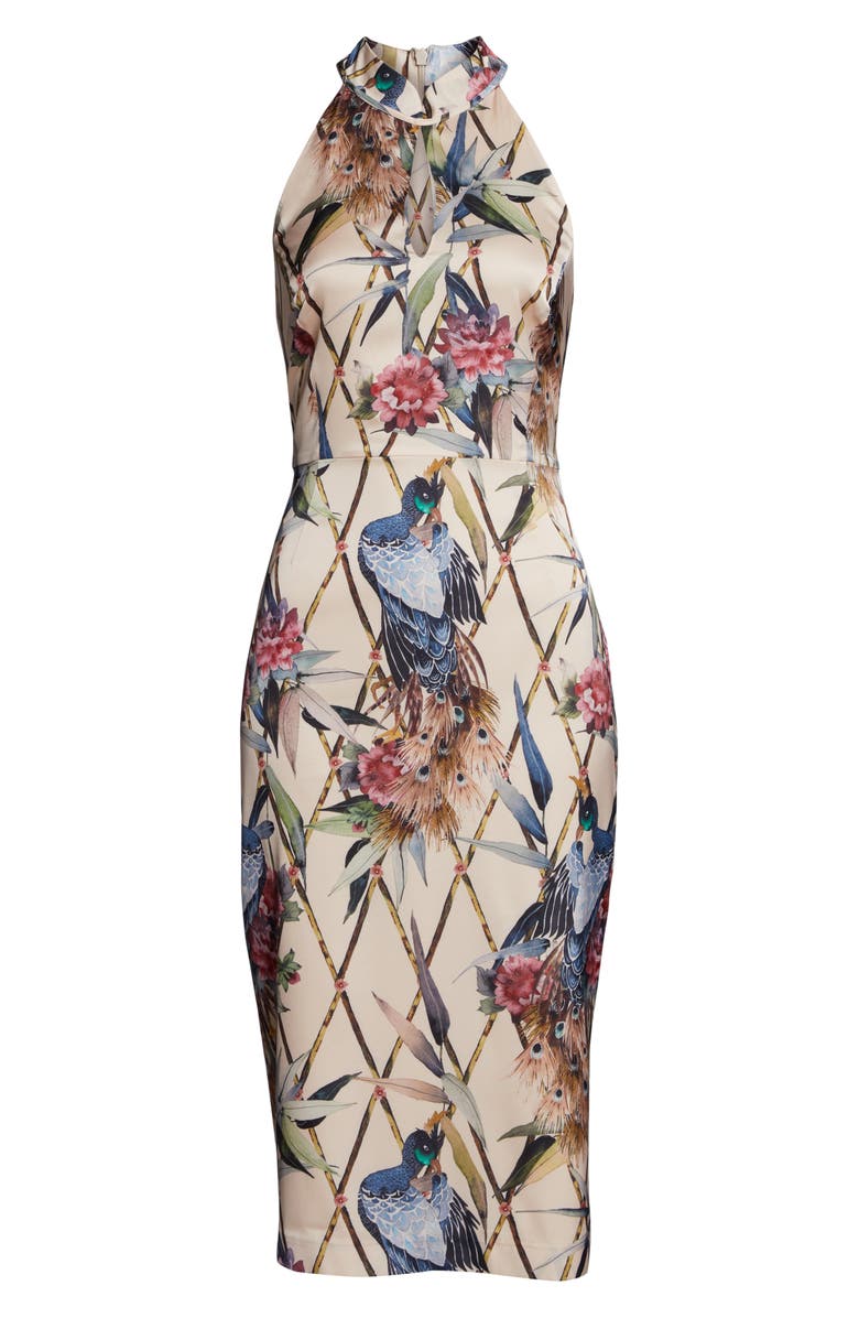 Forest Lily Peacock Halter Sheath Dress, Alternate, color, 