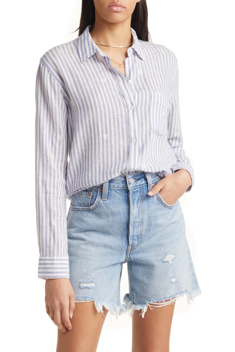 Women's Charli Stripe Linen Blend Button-Up Shirt, Main, color, BLUE STRIPE DAISY EMBROIDERY