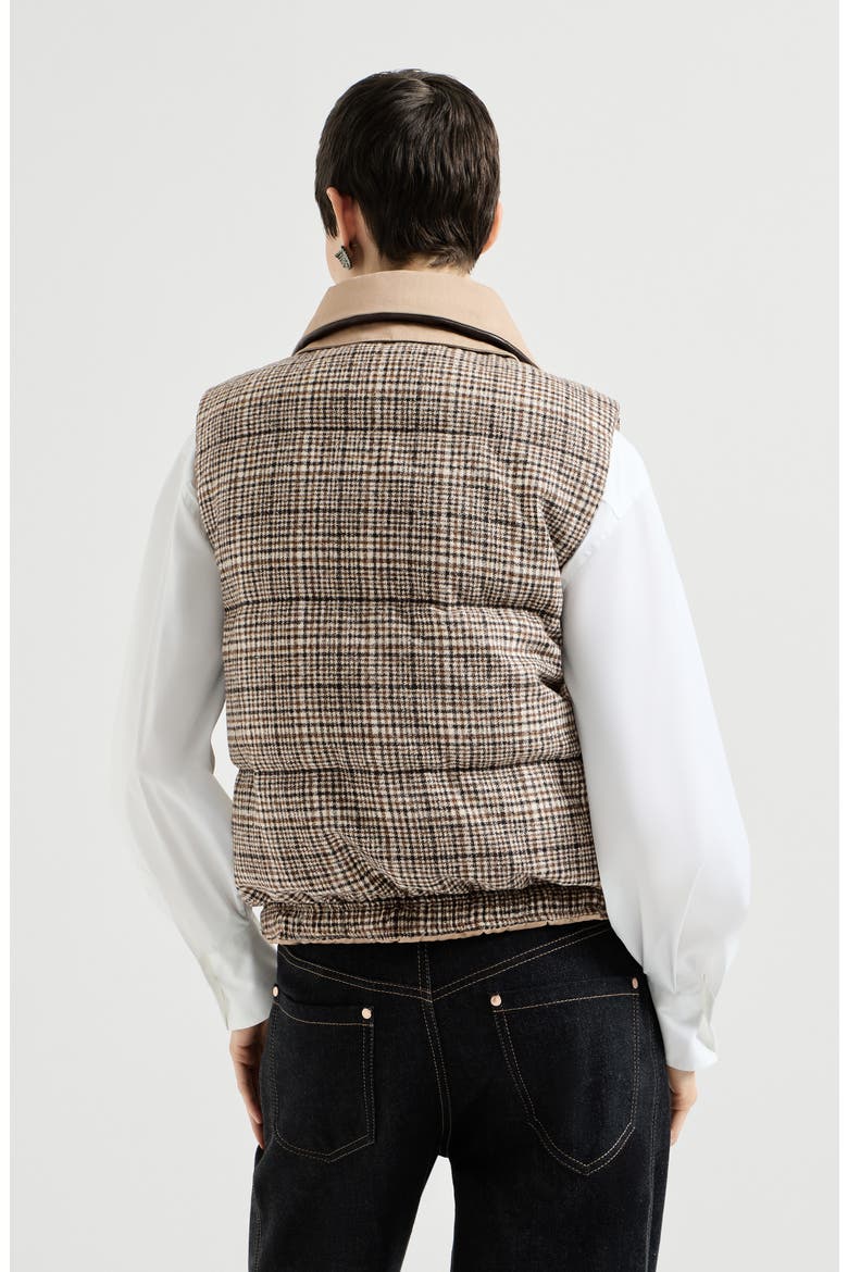 Twill and Prince of Wales reversible down vest with detchable leather collar and monili, Alternate, color, Camel