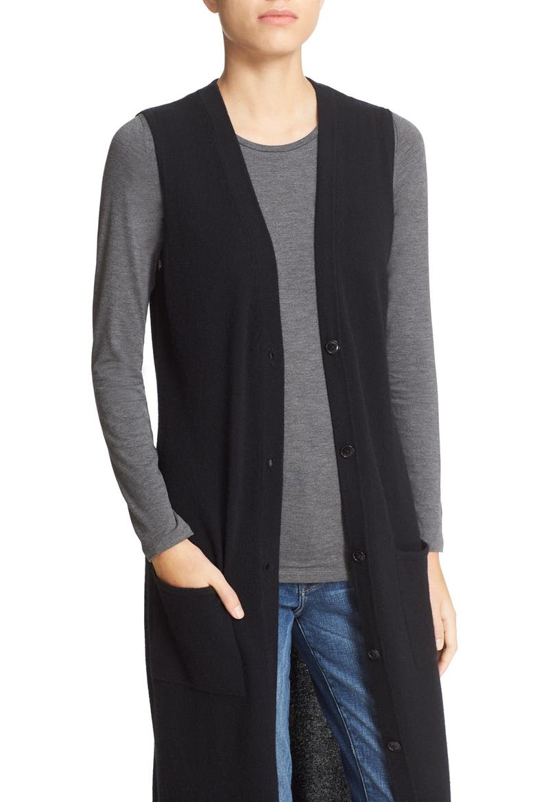 Button Front Knit Cashmere Maxi Vest, Alternate, color, BLACK
