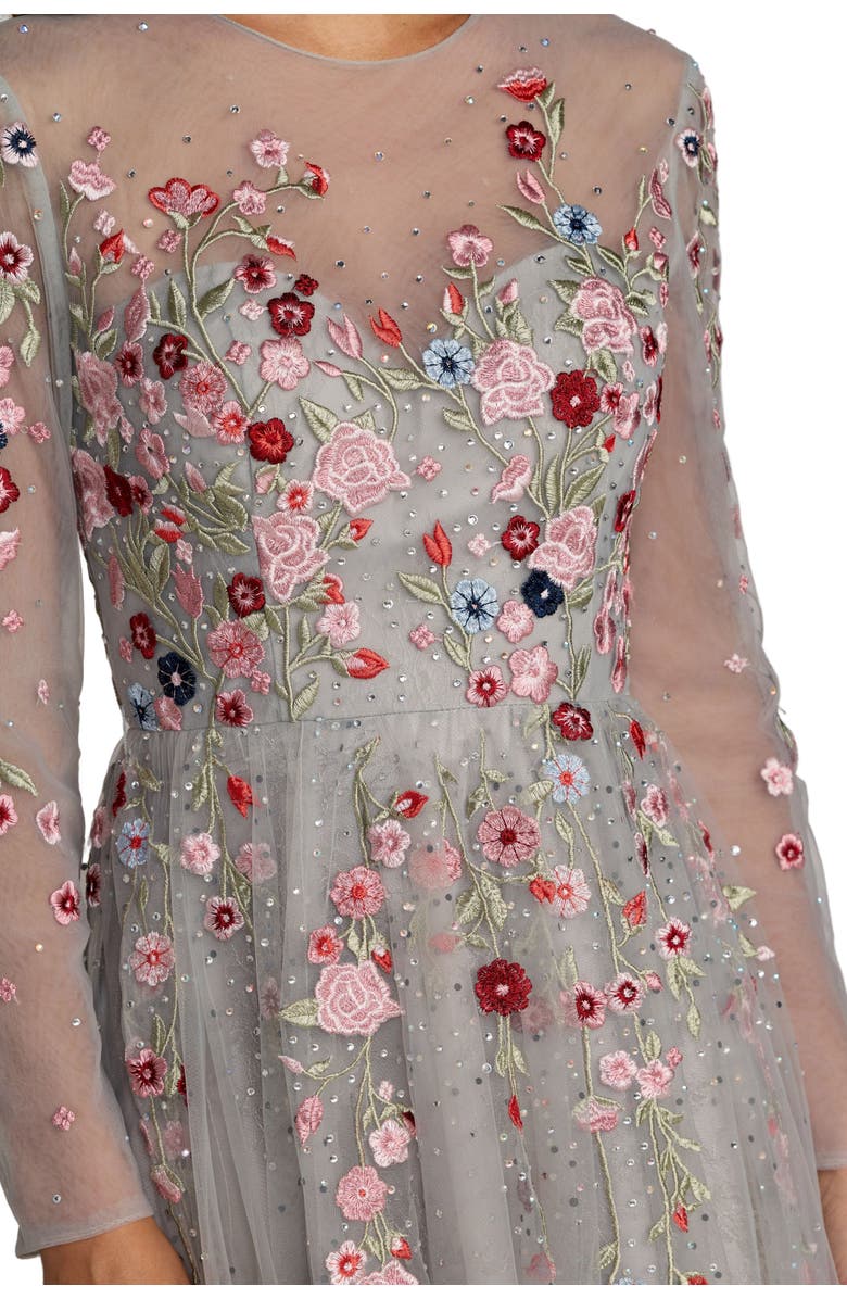 Mac Duggal Embroidered Illusion High Neck Long Sleeve A Line Gown, Alternate, color, Platinum Multi