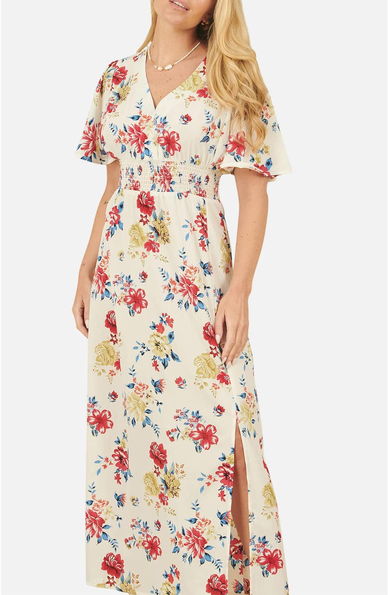 Yumi Ruched Waist V-Neck Midi Dress, Alternate, color, Ivory