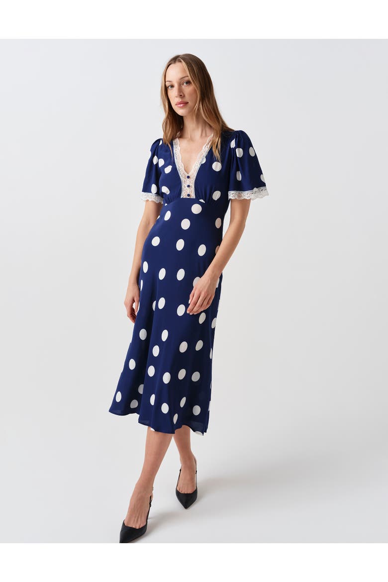 Belle Lace Crepe Midi Dress, Alternate, color, Navy Spot