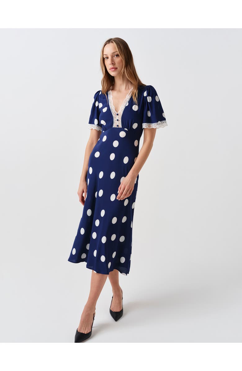 Ghost London Belle Lace Crepe Midi Dress, Alternate, color, Navy Spot