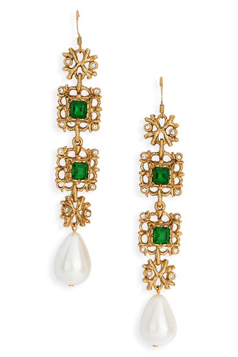 Crystal & Faux Pearl Drop Earrings, Main, color, GOLD