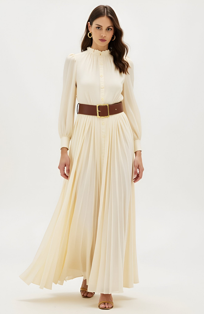 Modenaire Pleated Long Sleeve Maxi Dress with Ruffle Neck and Button Front, Main, color,