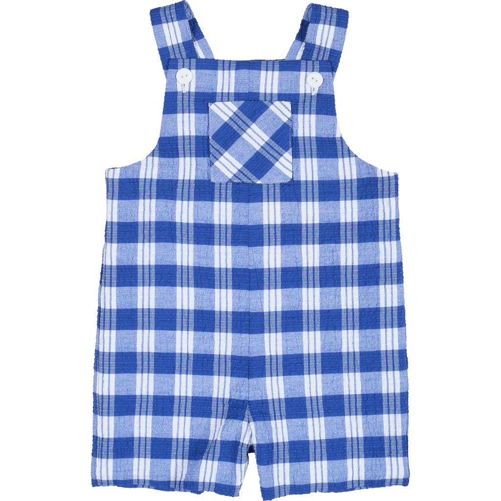 Florence Eiseman Babies' Plaid Seersucker Shortall With Front Pocket In Blue