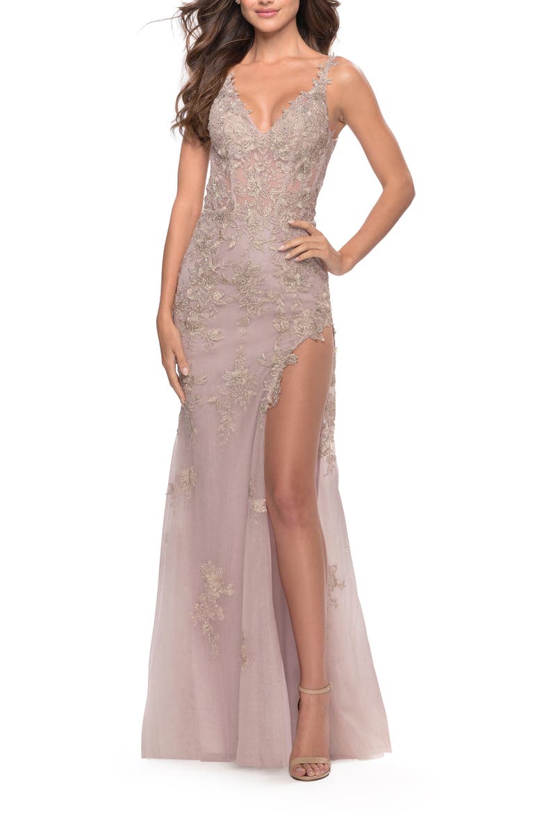 Lace Long Dress with High Side Slit and V-Neckline, Main, color, Dusty Mauve