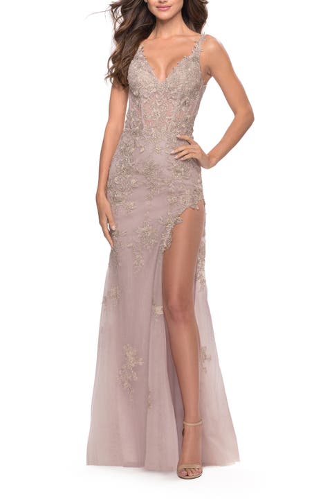 Lace Long Dress with High Side Slit and V-Neckline