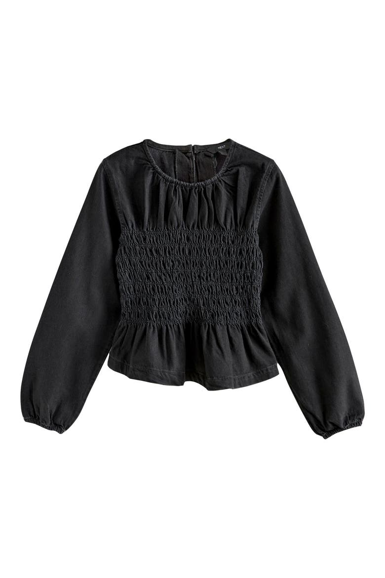 Smocked Peplum Cotton Denim Top, Alternate, color, BLACK