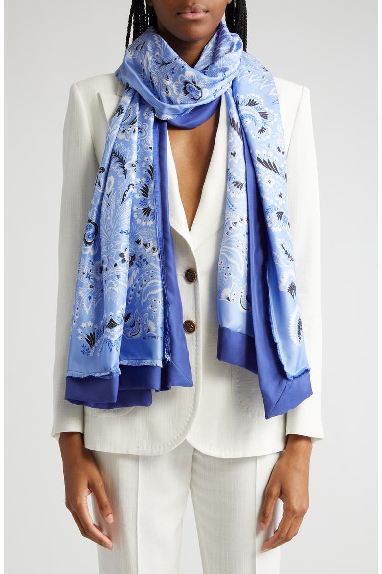 Floral Silk Fringe Scarf, Main, color, PRINT ON PALE BLUE BASE