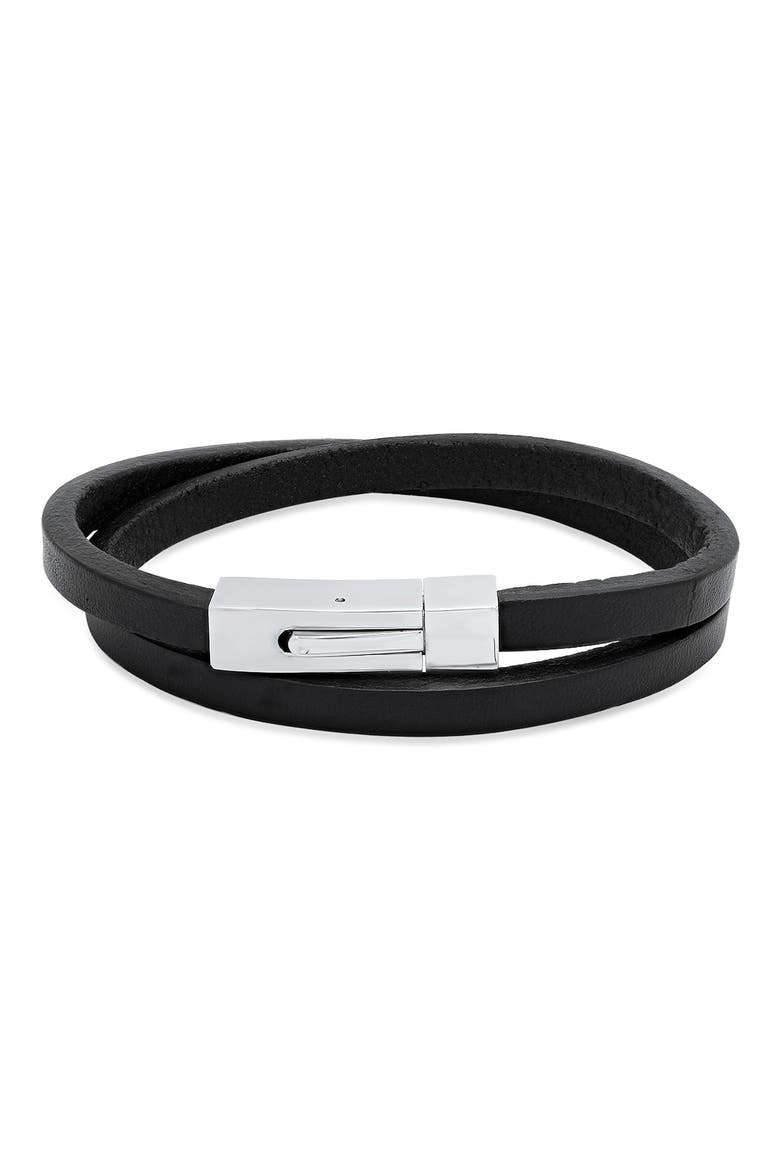 Men's Leather Wrap Bracelet, Main, color, SILVER/ BLACK
