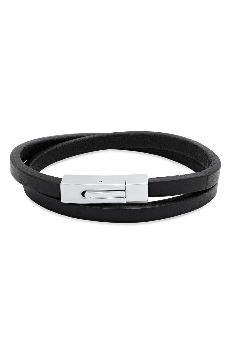 HMY JEWELRY Men's Leather Wrap Bracelet, Main, color, Silver/ Black