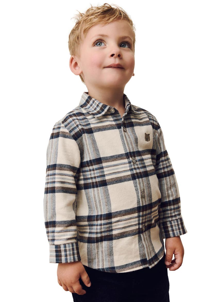 Kids' Plaid Bear Cotton Button-Up Shirt, Alternate, color, BLUE