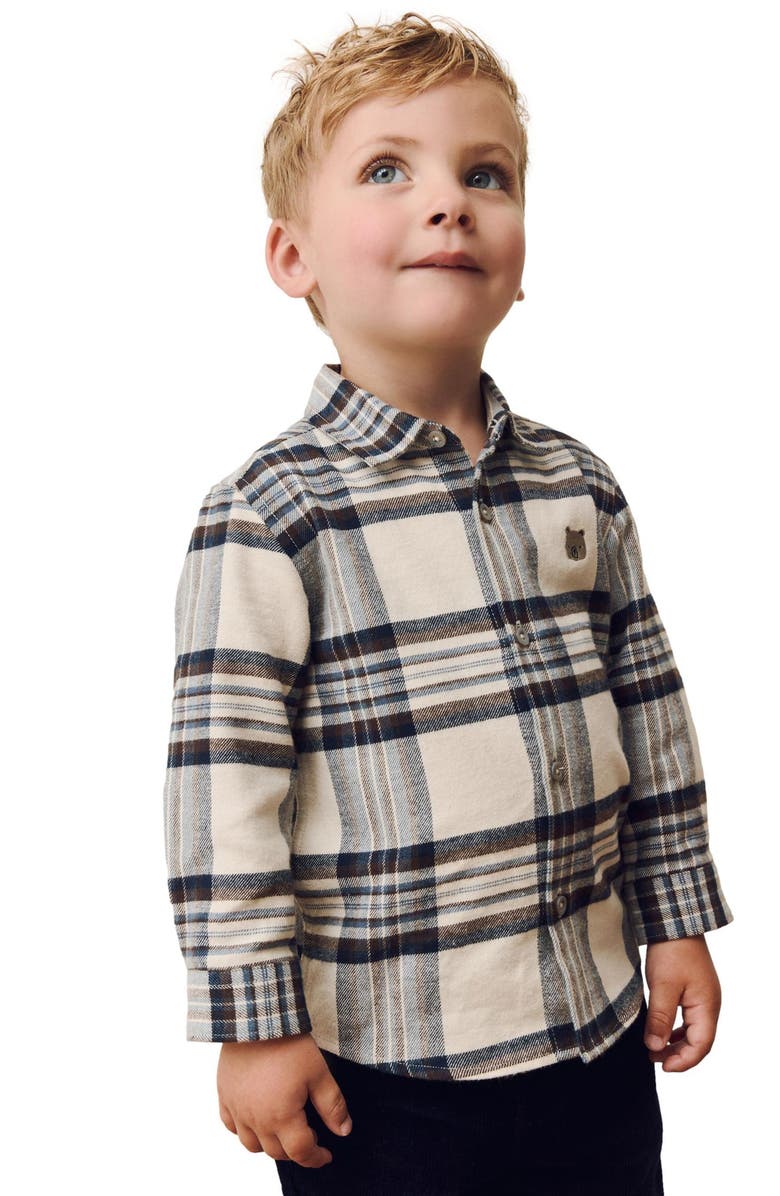 NEXT Kids' Plaid Bear Cotton Button-Up Shirt, Alternate, color, Blue