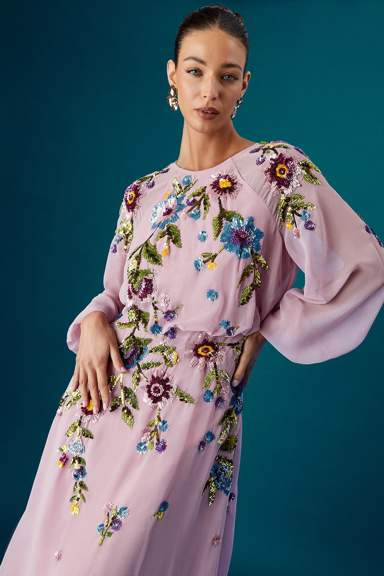 Embellished Sequin Midi Dress, Alternate, color, Rose