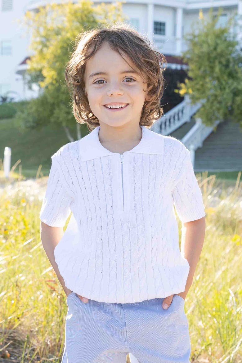Short Sleeve Polo Cable Sweater, Alternate, color, White