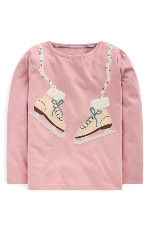 Mini Boden Kids' Ice Skate Appliqué Long Sleeve Cotton T-shirt In Pink