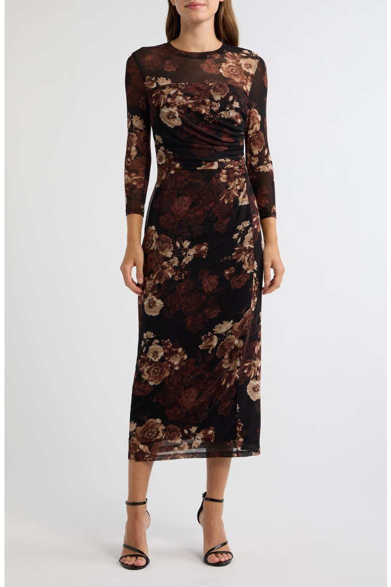 Printed Mesh Midi Dress, Main, color, DEEP MAHOGANY MULTI