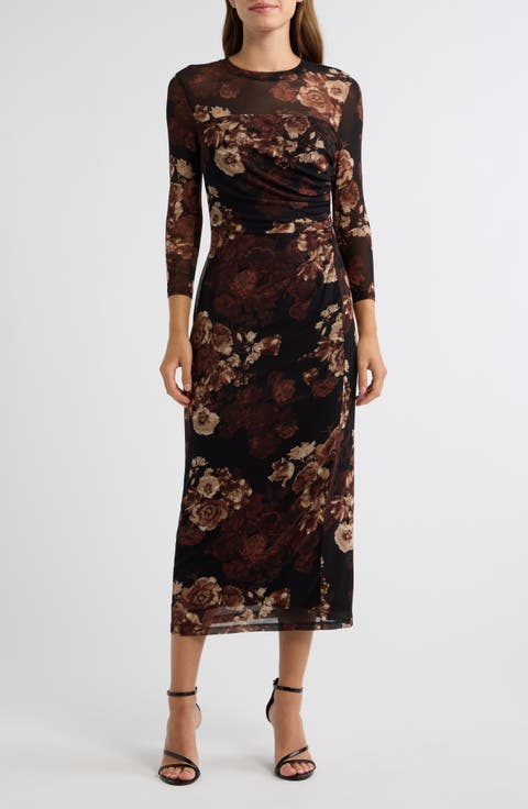 Printed Mesh Midi Dress