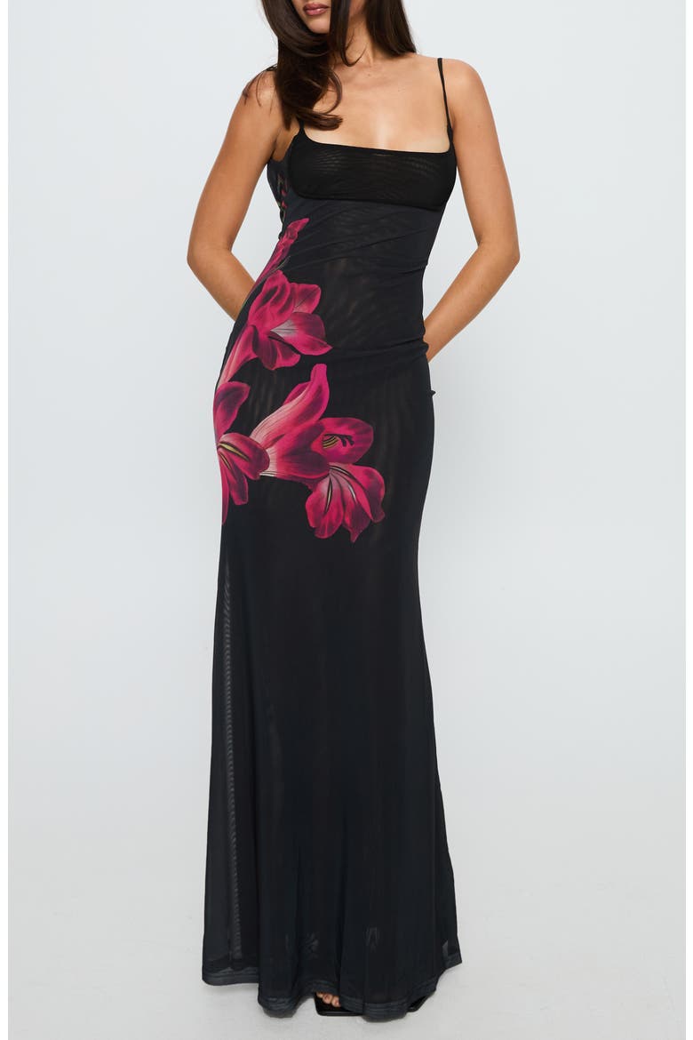 Fiadora Open Back Semisheer Mesh Maxi Dress, Main, color, BLACK FLORAL