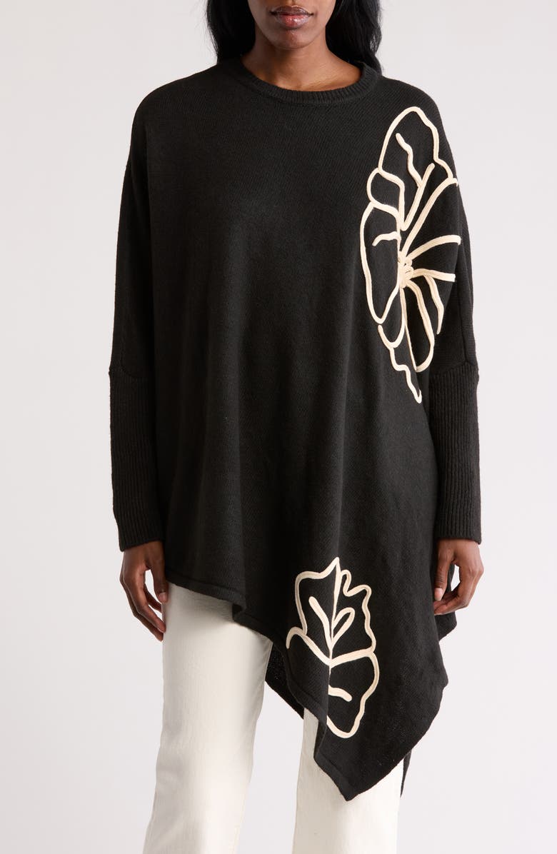 DR2 by Daniel Rainn Abstract Floral Asymmetric Hem Sweater, Main, color, Black/ Ivory