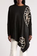 DR2 by Daniel Rainn Abstract Floral Asymmetric Hem Sweater