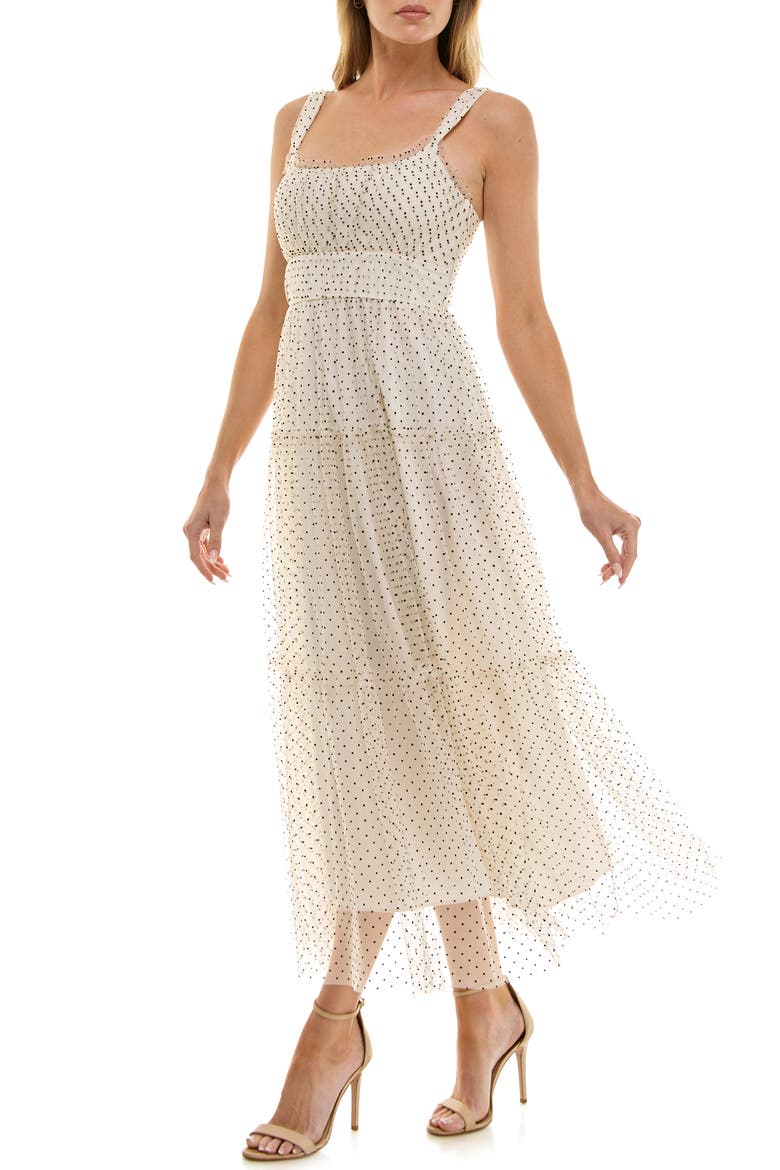 Dot Mesh Empire Waist Gown, Alternate, color, IVORY/ BLACK