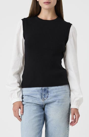 French Connection Mixed Media Crewneck Sweater In Black