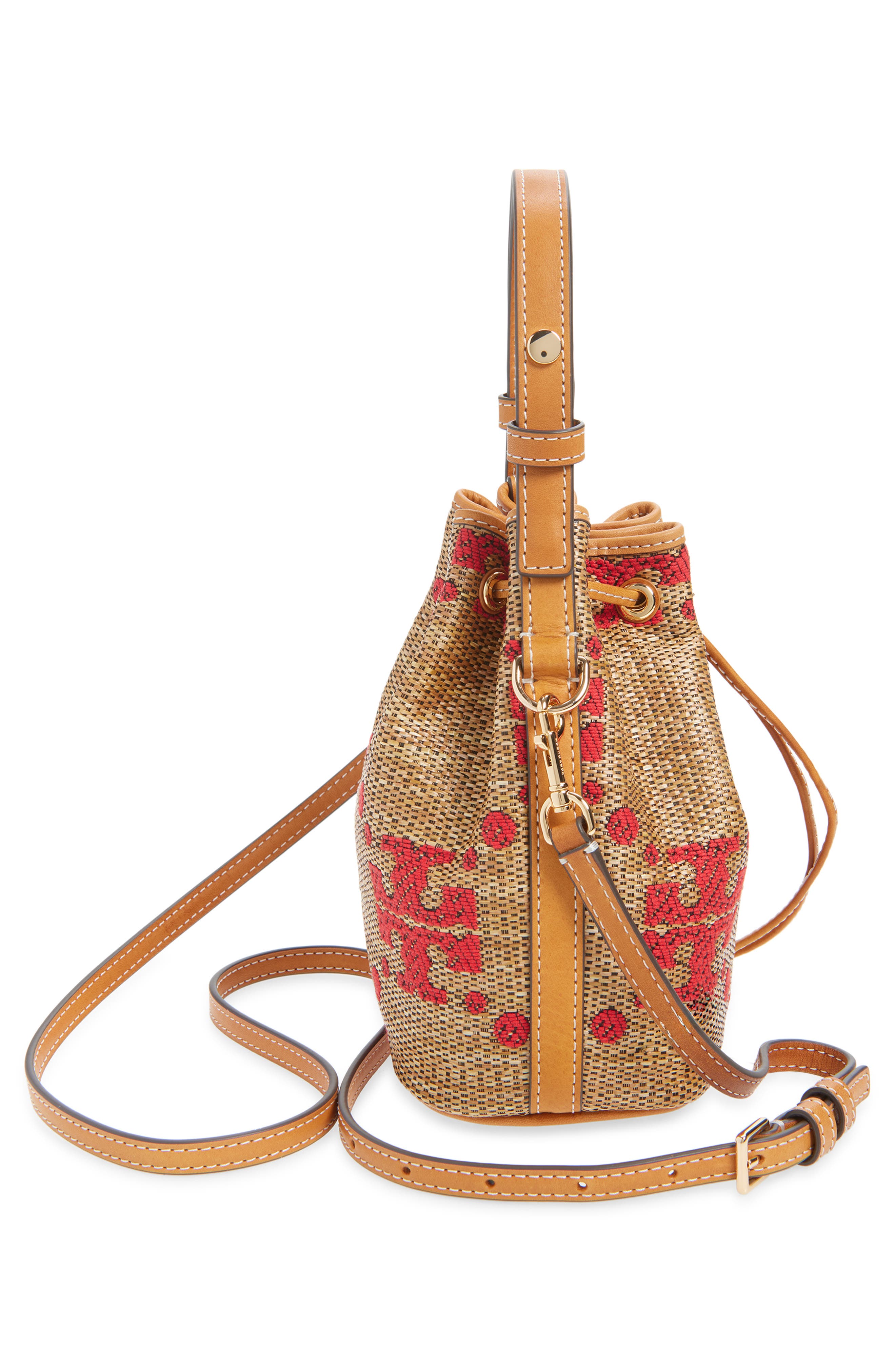 Tory Burch Mini T Monogram Straw Bucket Bag, Alternate, color, Natural