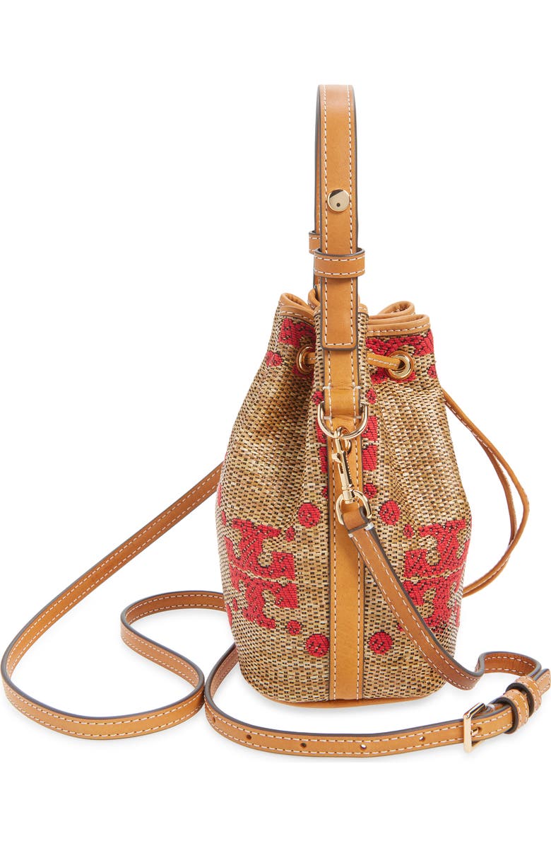Tory Burch Mini T Monogram Straw Bucket Bag, Alternate, color, Natural