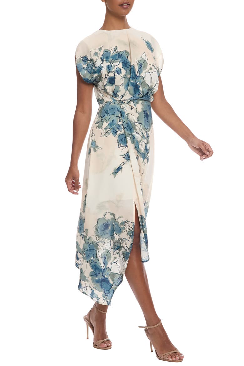 Placed Floral Cap Sleeve Asymmetric Hem Midi Dress, Alternate, color, IVORY/ BLUE