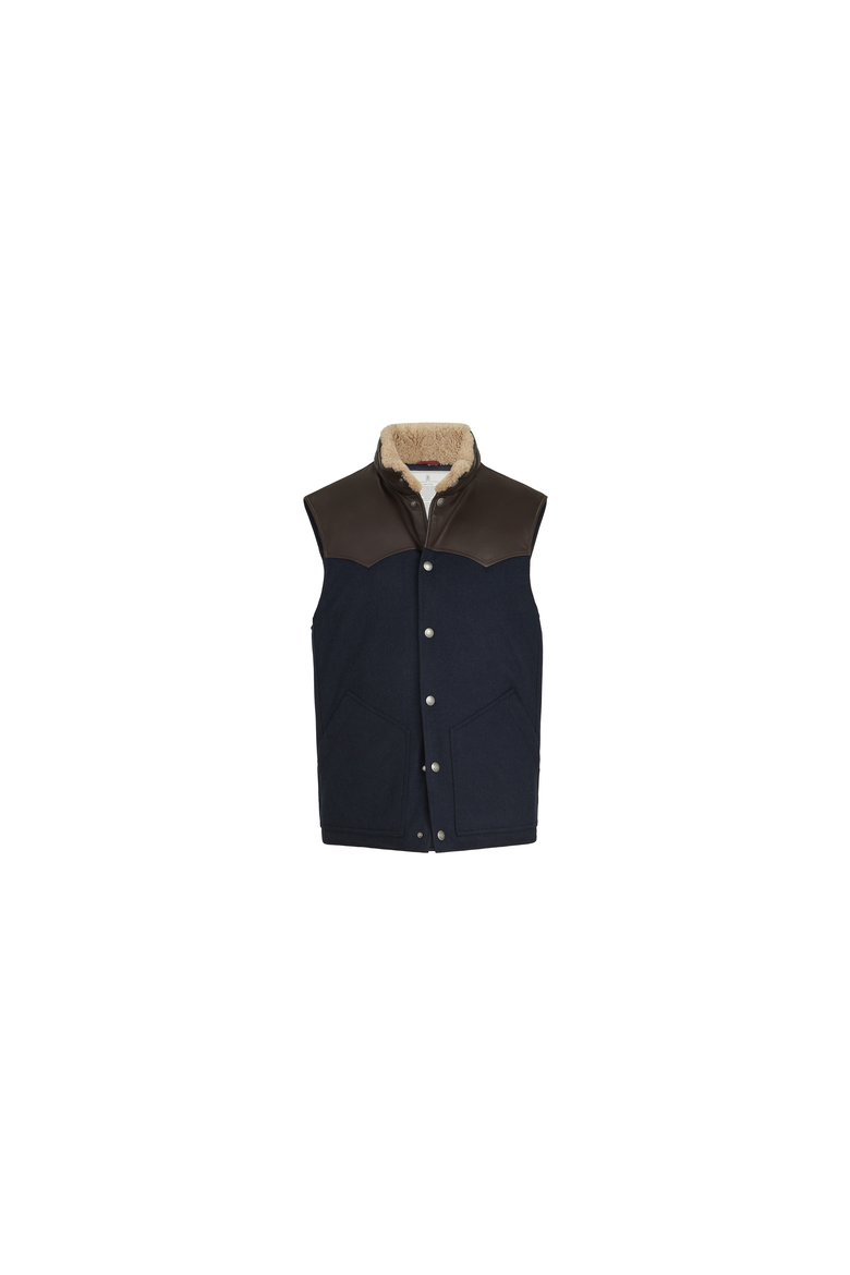 Bonded wool flannel paneled down vest with shearling collar and nappa leather inserts, Alternate, color, Blue