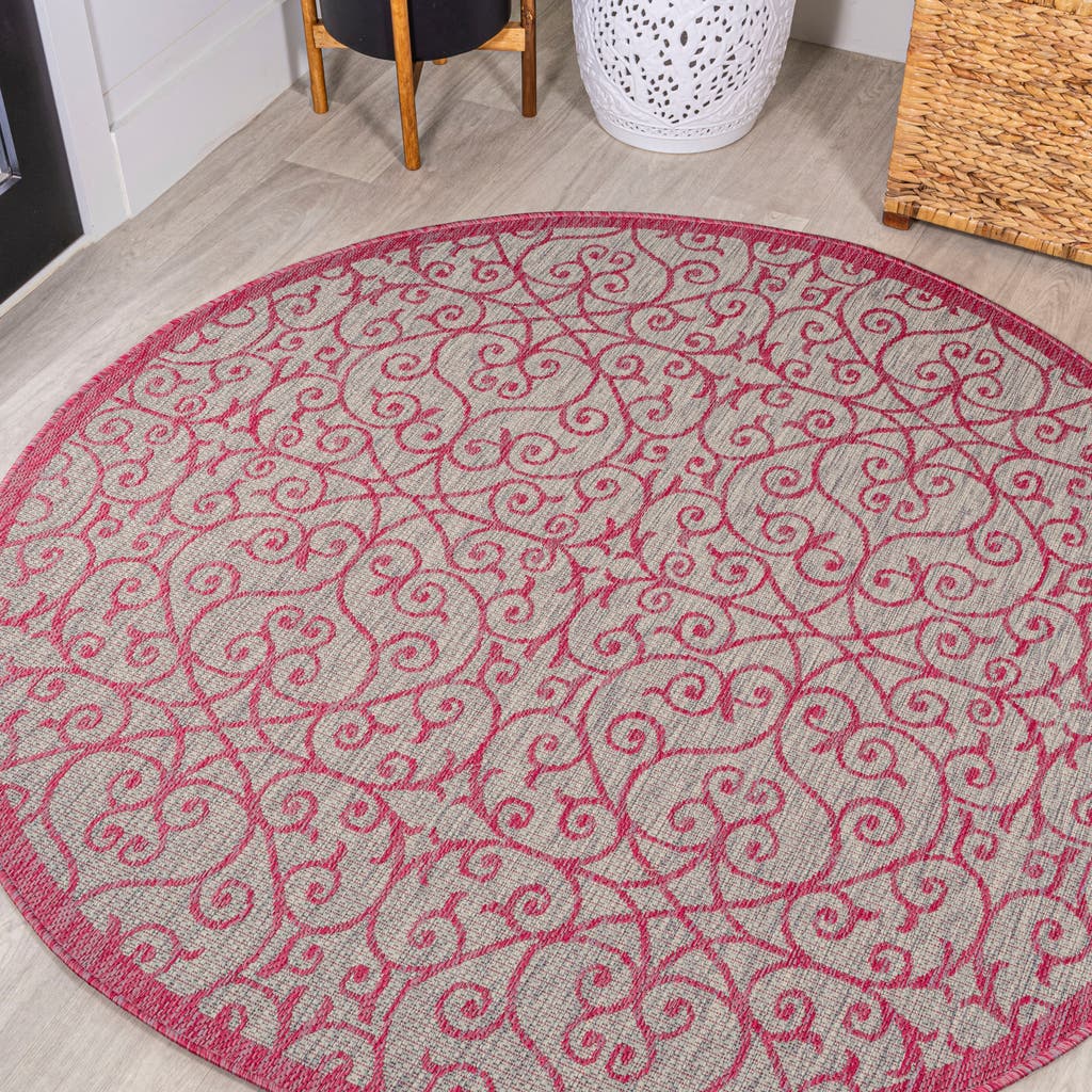 Jonathan Y Madrid Vintage Filigree Textured Weave Indoor/outdoor Round Area Rug In Light Gray/fuchsia