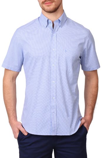 Shop Tailorbyrd Micro Gingham Short Sleeve Button-up Shirt In Light Blue
