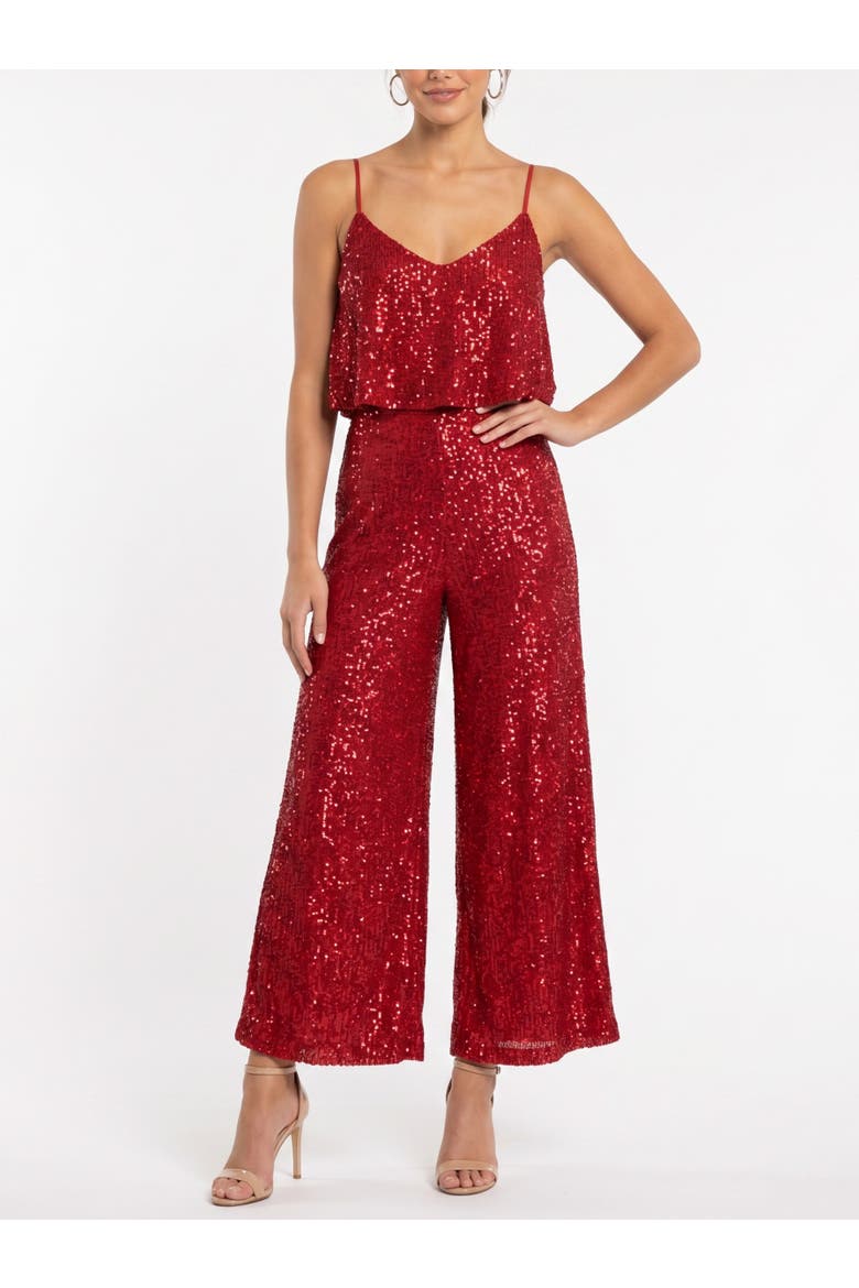 Sequin Tara Ruffle Jumpsuit, Main, color, Haute Red