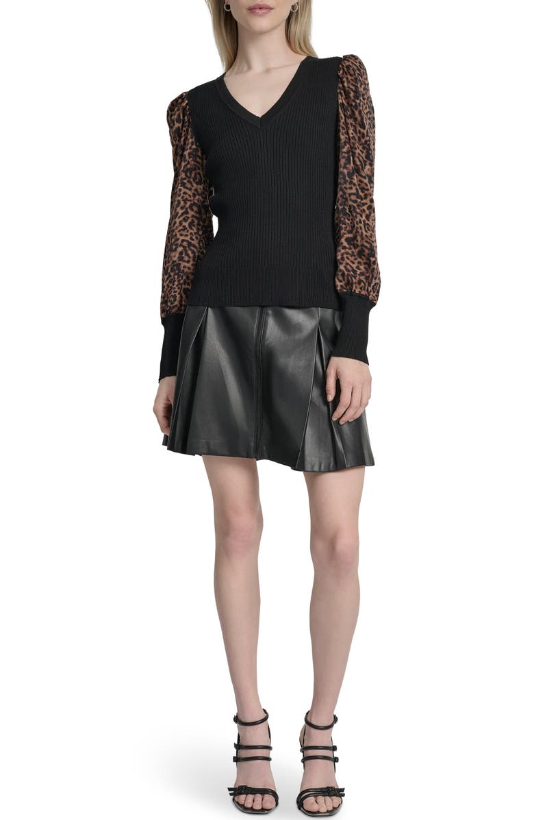 DKNY Rib Puff Shoulder Sweater, Alternate, color, Black/ Compact Animal Print