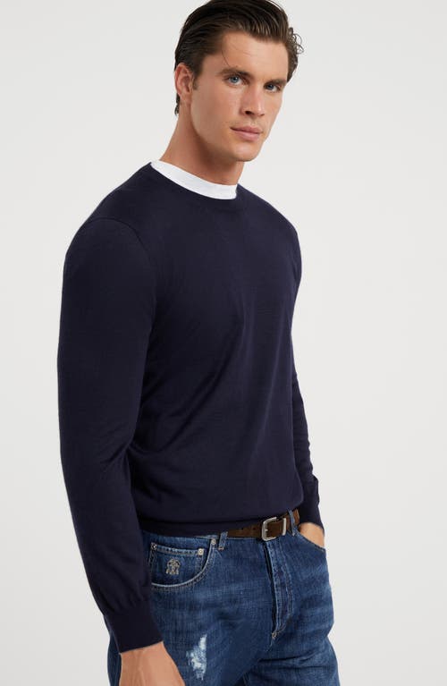 Brunello Cucinelli Wool Cashmere Crewneck Sweater In Navy Blue