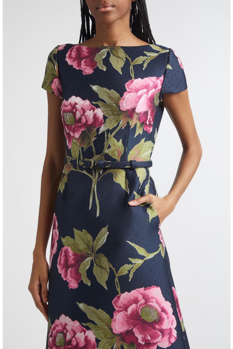 Peony Jacquard Belted Midi Dress, Alternate, color, MIDNIGHT MULTI