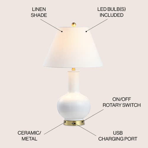 Jonathan Y Han 27" Ceramic/iron Contemporary Usb Charging Led Table Lamp, White/brass Gold In White/brass Gold