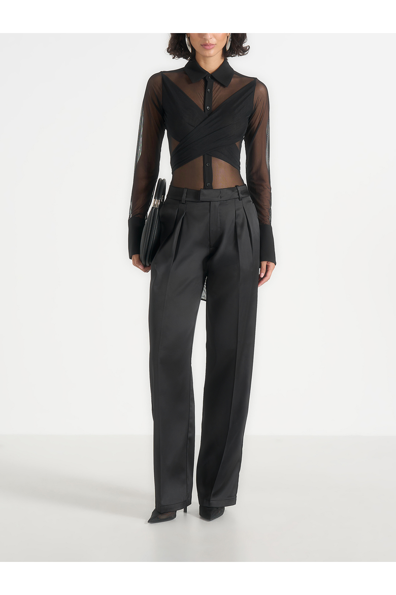 Canelle Sheer Mesh Wrap-Front Shirt Bodysuit, Alternate, color, Black