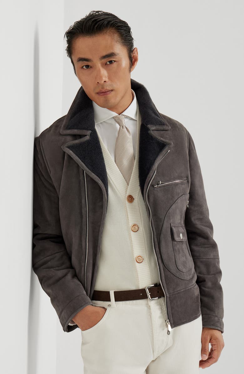 Brunello Cucinelli Shearling biker jacket, Alternate, color, Slate