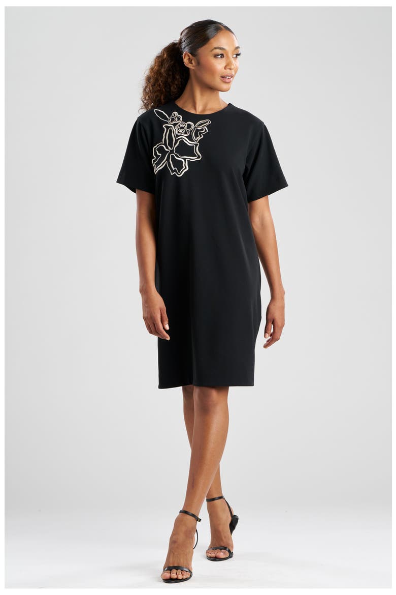 Solid Knit Crepe Short Sleeve Shift Dress with Embellishment, Main, color, BLACK