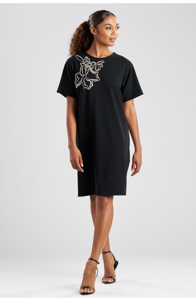 N Natori Solid Knit Crepe Short Sleeve Shift Dress with Embellishment, Main, color, Black