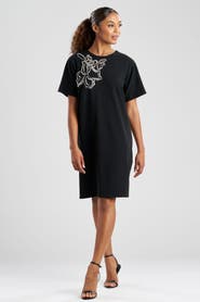 N Natori Solid Knit Crepe Short Sleeve Shift Dress with Embellishment
