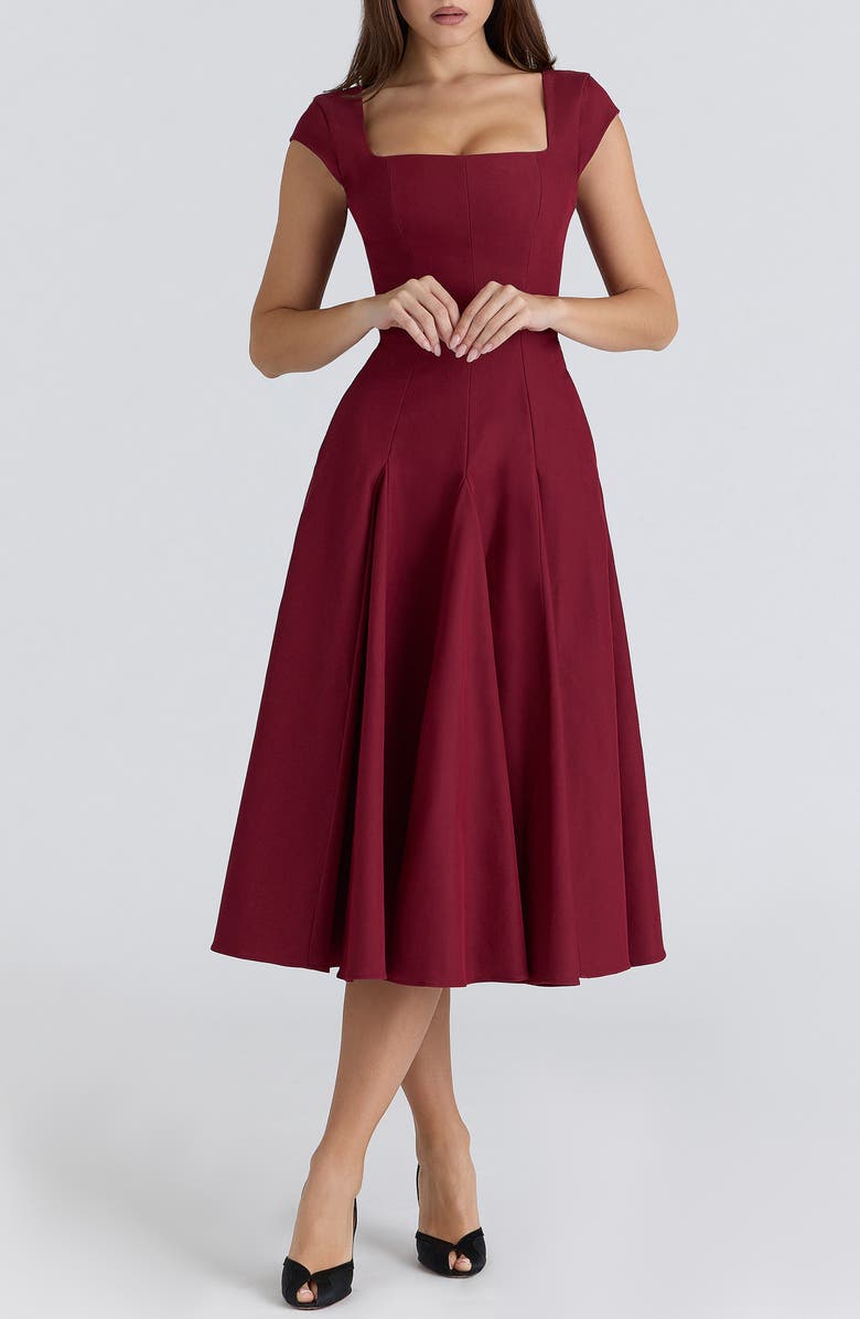 HOUSE OF CB Raise Square Neck Twill Midi Dress, Main, color, Wine