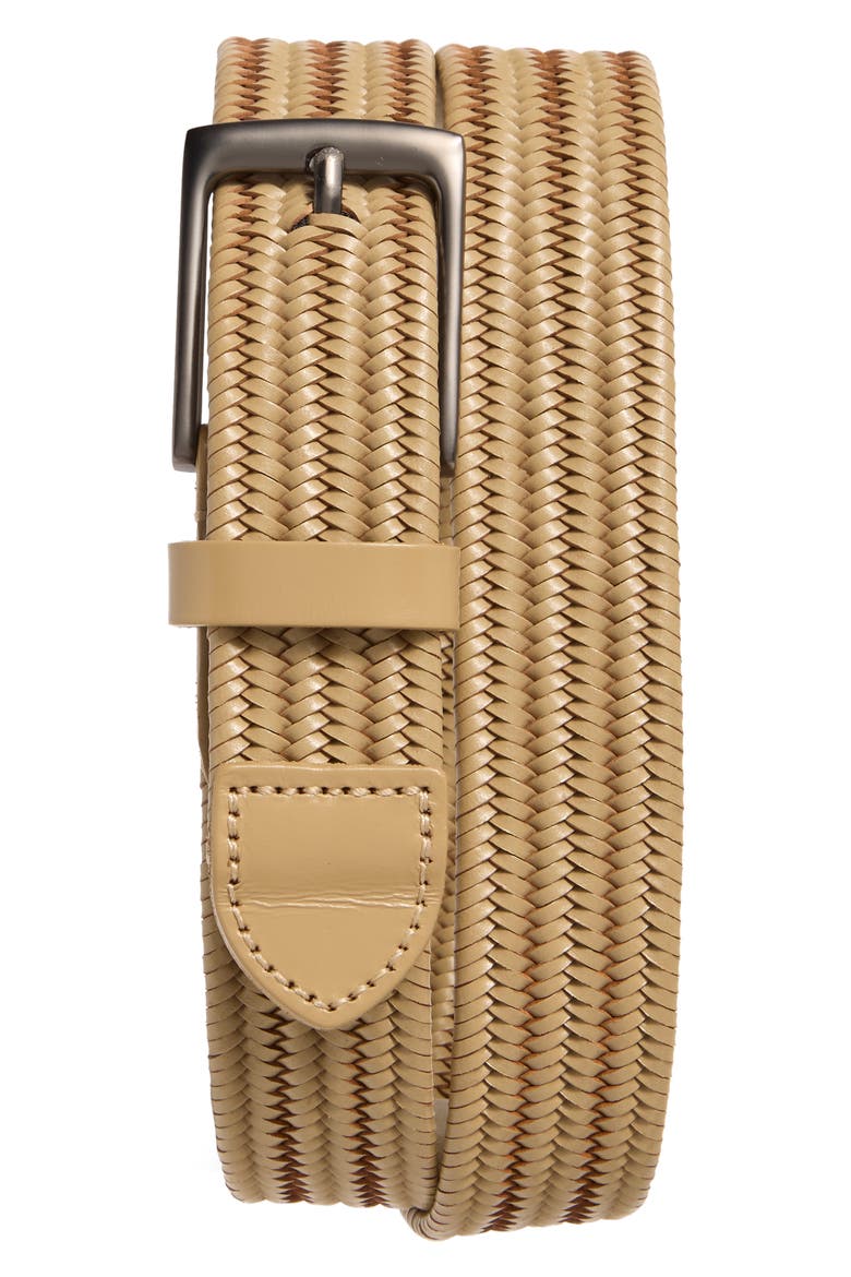 Diego Woven Leather Stretch Belt, Main, color, TAN STOCK