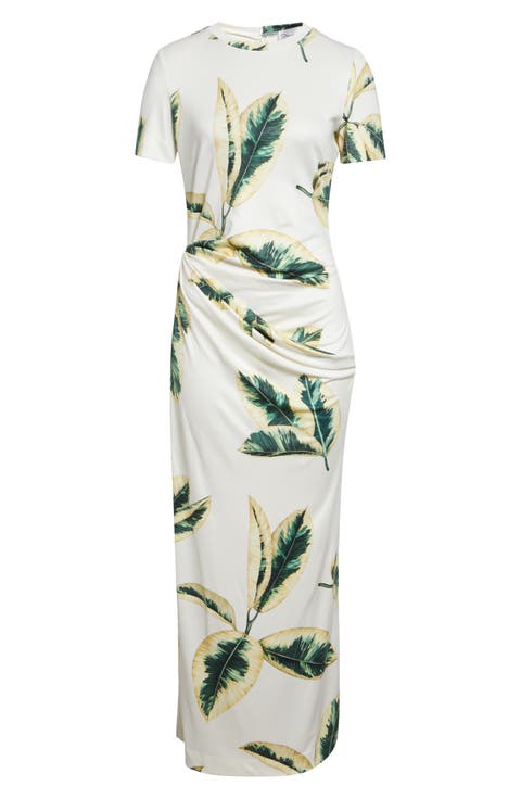 Ficus Leaves Print Jersey Dress
