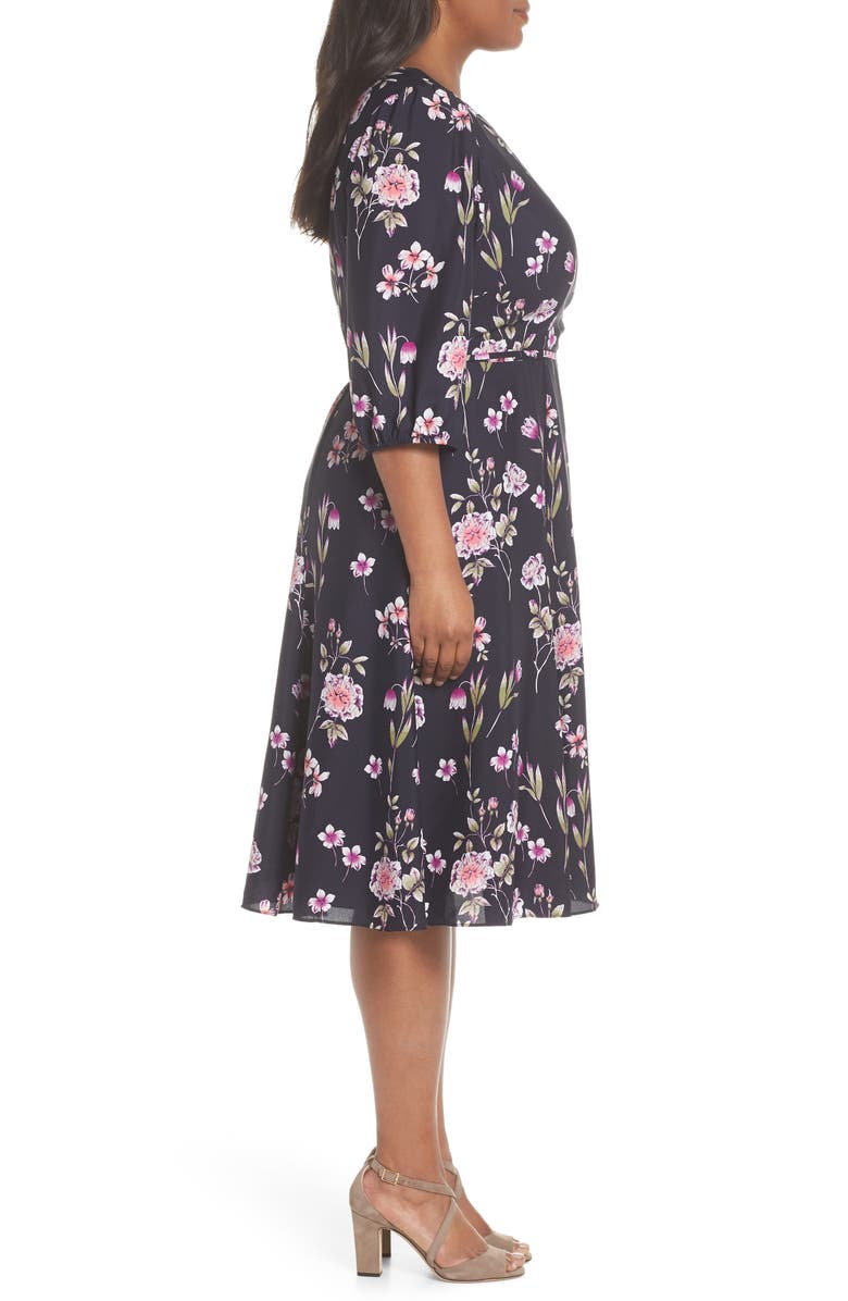 Eliza J Puff Sleeve Floral Wrap Midi Dress, Alternate, color, 