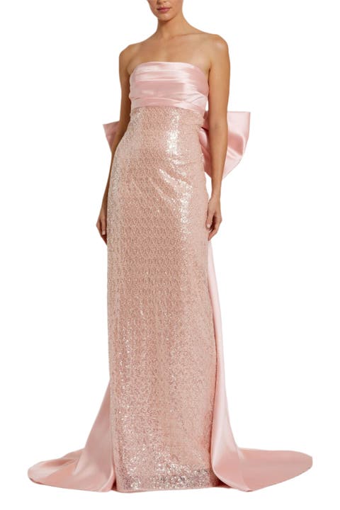 Strapless Embellished Gown With Back Bow Detail